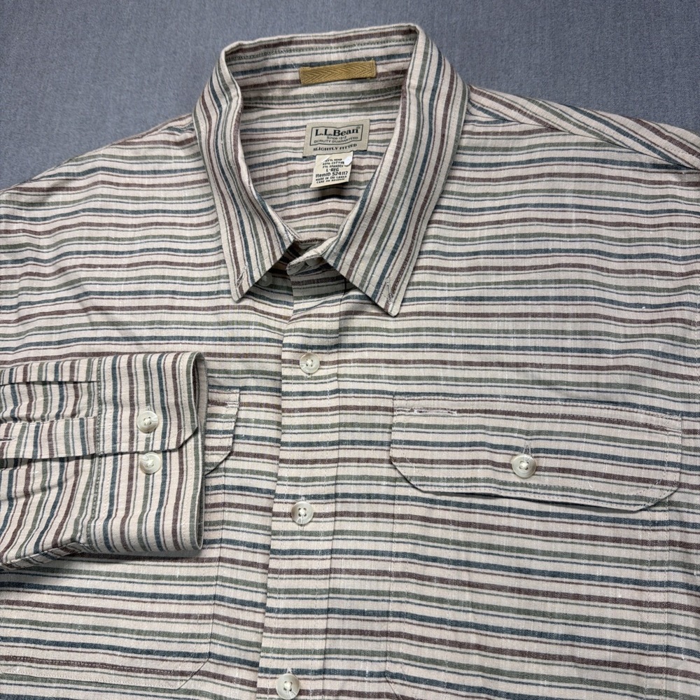 LLβ Bean Stonecoast Hemp Shirt Button Down Striped Untucked Fit Mens Large